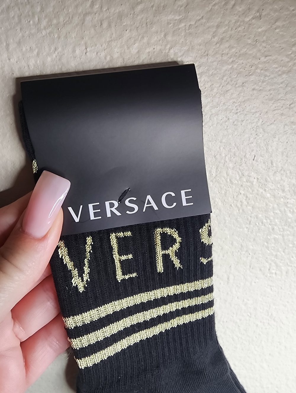 NWT Versace Black Crew Socks with Metallic Gold Logo Stripes - Picture 5 of 9